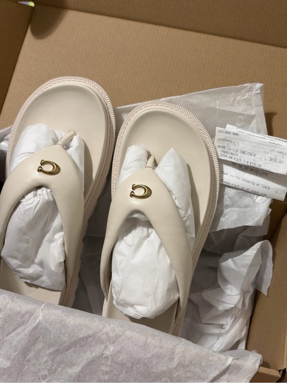 Coach Cream Platform Thong Sandals with Gold Logo Accent